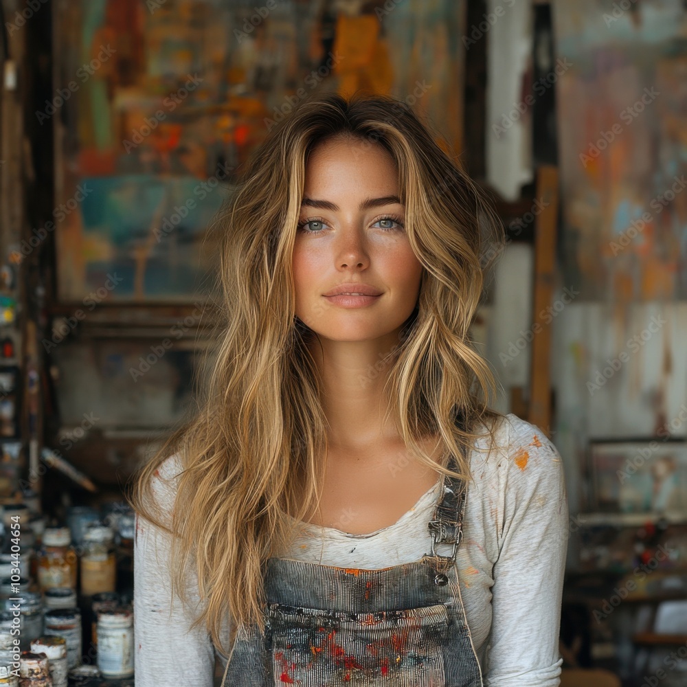 Naklejka premium a woman with a messy hair and overalls