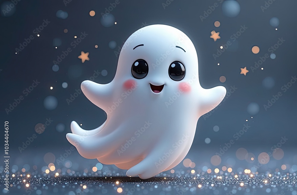 Cute Smiling Ghost with Sparkling Stars and Glitter Background. Happy Halloween party Cute Smiling Ghost with Sparkling Stars and Glitter Background. Happy Halloween party