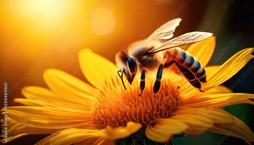 Bee on a flower close up, focus on, copy space bright yellow petals, Double exposure Bee on a flower close up, focus on, copy space bright yellow petals, Double exposure