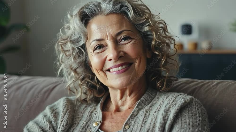 senior woman at home smiling seated at the couch senior woman at home smiling seated at the couch