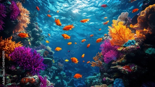 Vibrant Coral Reef with Orange Fish and Sunbeams