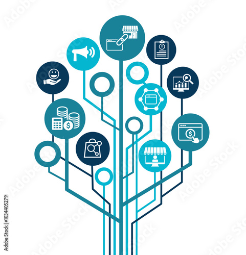 Affiliate marketing concept with icons. Pay per click, buyer, publisher, link, advertising, website, SEO, merchant. Web vector infographic