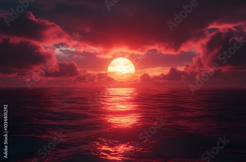 Dramatic Fiery Ocean Sunset with Vivid Cloudscape and Serene Reflections on Water Surface