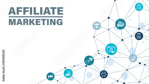 Affiliate marketing concept with icons. Pay per click, buyer, publisher, link, advertising, website, SEO, merchant. Web vector infographic