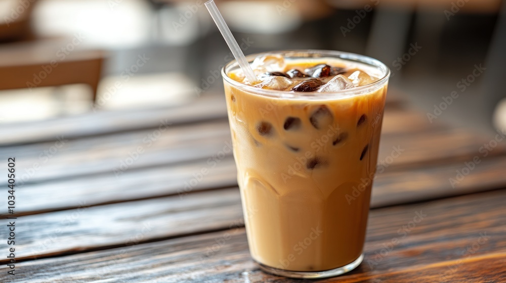 Iced Coffee with Ice Cubes and Straw on Wooden Table Iced Coffee with Ice Cubes and Straw on Wooden Table