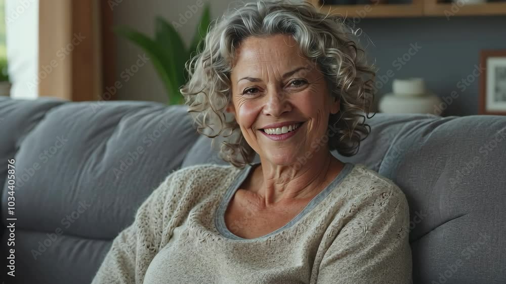 senior woman at home smiling seated at the couch senior woman at home smiling seated at the couch