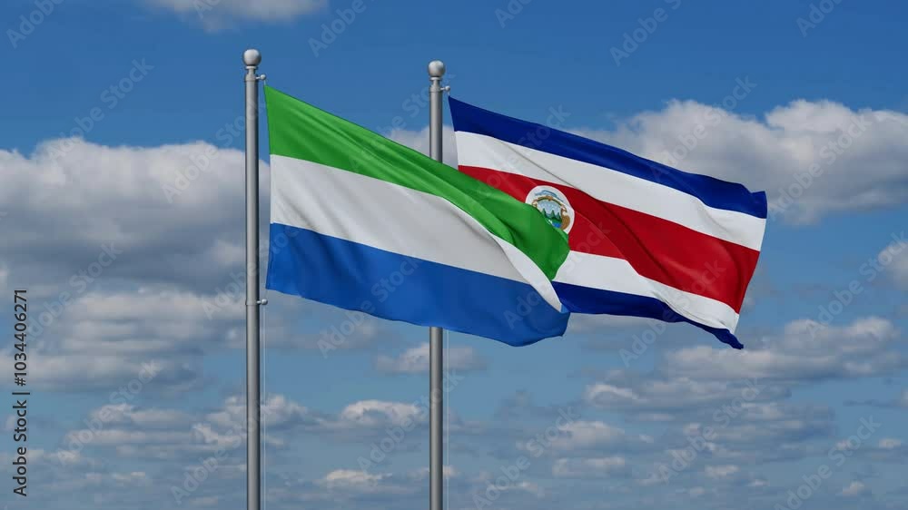 Costa Rico and Sierra Leone flags flying together, video concept of the relationship, two country cooperation concept Costa Rico and Sierra Leone flags flying together, video concept of the relationship, two country cooperation concept