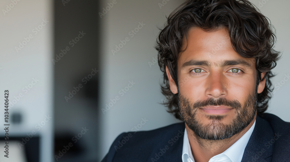 A portrait of a distinguished man in his thirties with dark shoulder-length hair, dressed in a sharp, elegant suit. His kind eyes reflect warmth and intelligence, while the tailore A portrait of a distinguished man in his thirties with dark shoulder-length hair, dressed in a sharp, elegant suit. His kind eyes reflect warmth and intelligence, while the tailore