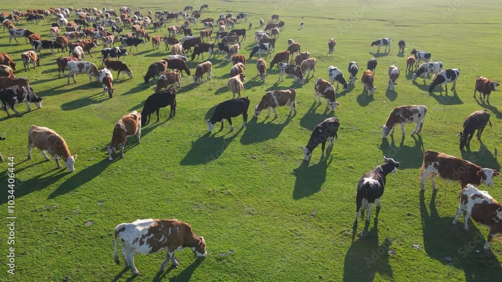 Aerial drone shot of cows grazing on pasture at sunset, landscape rural scene