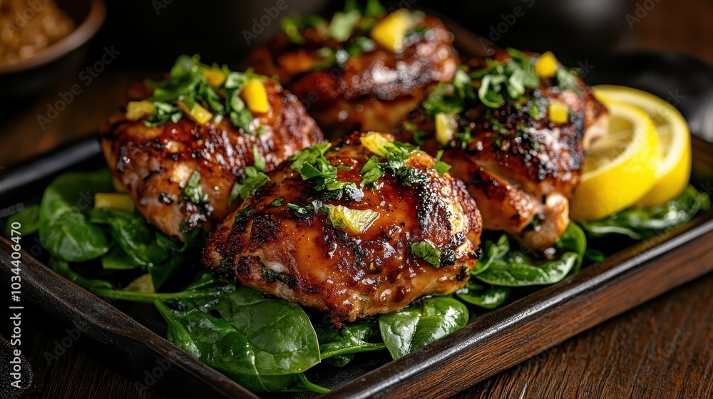 A delectable dish featuring perfectly grilled chicken thighs topped with fresh herbs, served on a bed of leafy greens, presented on a rustic tray. A delectable dish featuring perfectly grilled chicken thighs topped with fresh herbs, served on a bed of leafy greens, presented on a rustic tray.