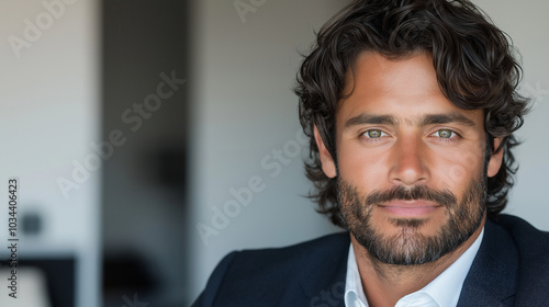 A portrait of a distinguished man in his thirties with dark shoulder-length hair, dressed in a sharp, elegant suit. His kind eyes reflect warmth and intelligence, while the tailore