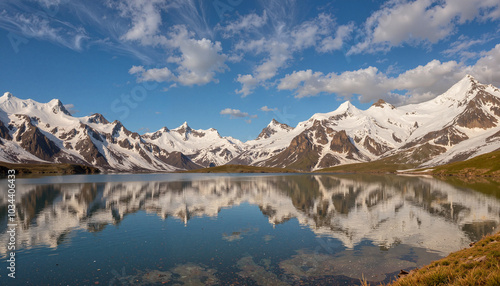 Stunning mountain landscape reflecting on calm lake water under blue sky on sunny day 