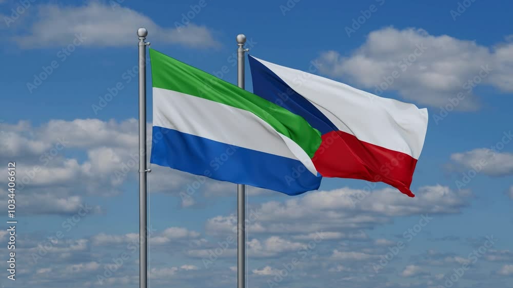 Czech Republic and Sierra Leone flags flying together, video concept of the relationship, two country relations concept Czech Republic and Sierra Leone flags flying together, video concept of the relationship, two country relations concept