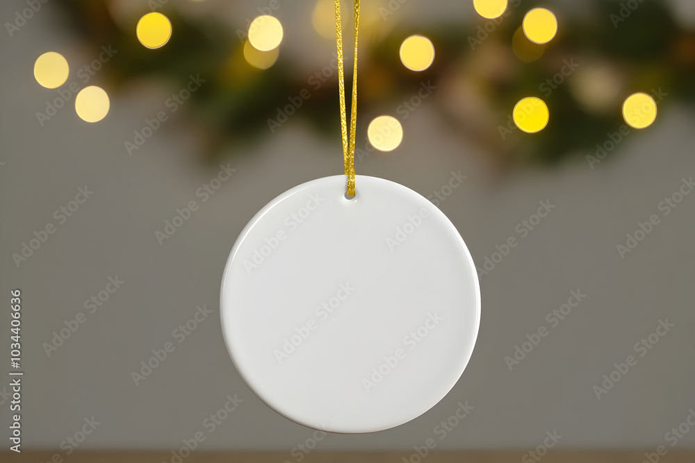 Simple round ornament hanging against a blurred background of warm decorative lights Simple round ornament hanging against a blurred background of warm decorative lights