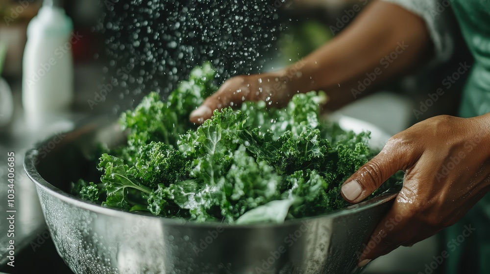A close-up image of hands washing vibrant kale leaves in a metal bowl, showcasing the freshness and care put into preparing healthy ingredients for a meal. A close-up image of hands washing vibrant kale leaves in a metal bowl, showcasing the freshness and care put into preparing healthy ingredients for a meal.