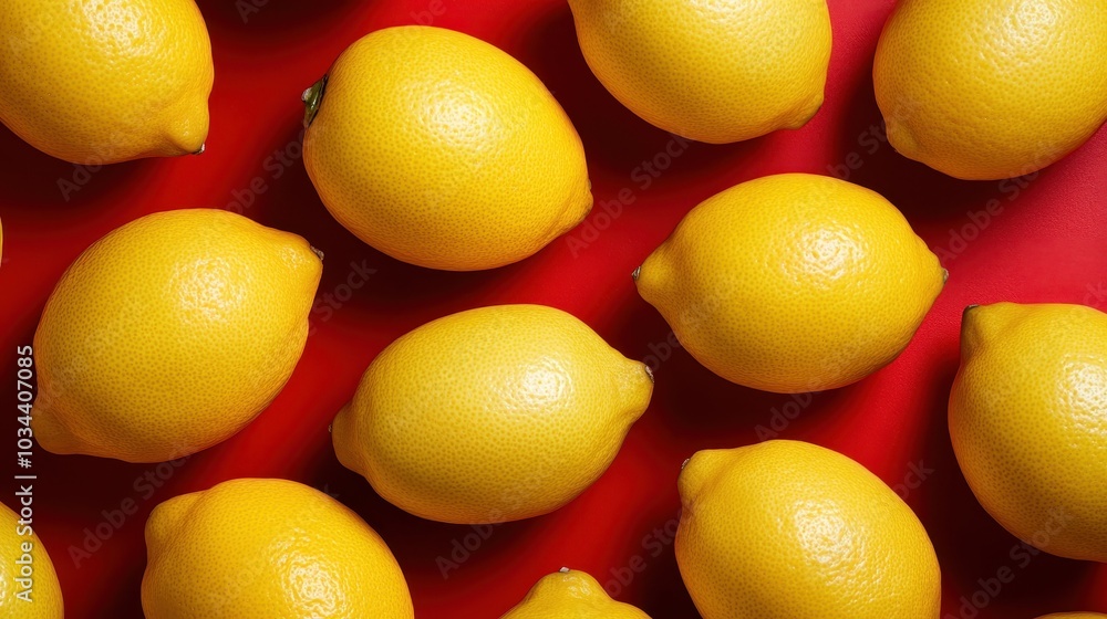 A vibrant image featuring multiple ripe yellow lemons arranged systematically against a seamless, bold red background, highlighting contrast and freshness. A vibrant image featuring multiple ripe yellow lemons arranged systematically against a seamless, bold red background, highlighting contrast and freshness.