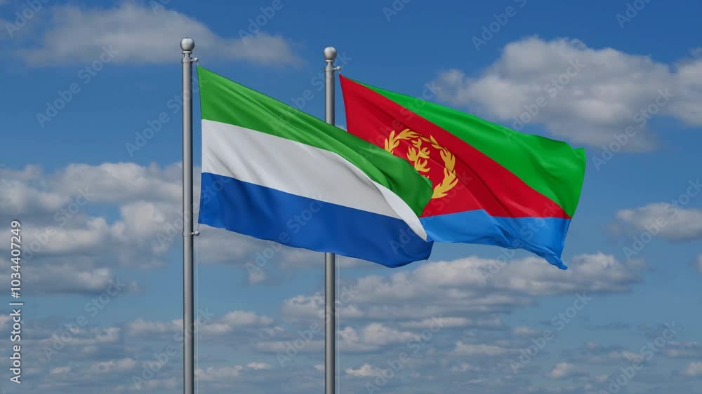 Eritrea and Sierra Leone flags flying together, video concept of the relationship, two country cooperation concept Eritrea and Sierra Leone flags flying together, video concept of the relationship, two country cooperation concept