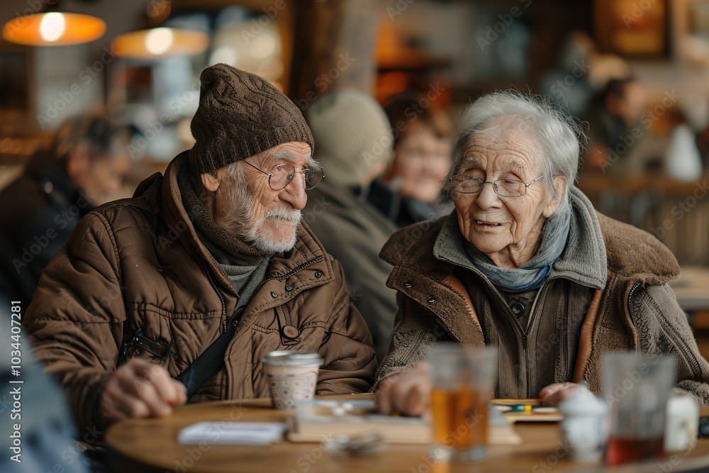 An elderly couple shares a joyful moment at a cafe, surrounded by warm lighting and friendly patrons. They engage in conversation over drinks, showcasing their deep companionship An elderly couple shares a joyful moment at a cafe, surrounded by warm lighting and friendly patrons. They engage in conversation over drinks, showcasing their deep companionship