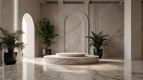 marble circle Minimalistic interior featuring a marble podium, clear, white elegant plants, perfect for showcasing design.