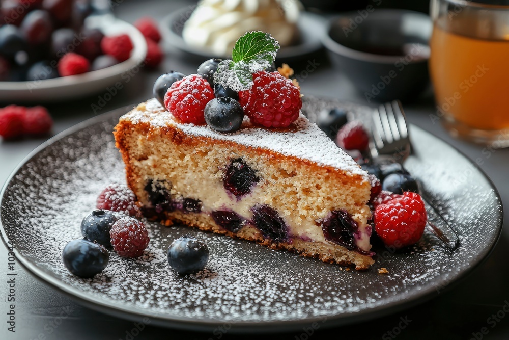 A Slice of Blueberry Cheesecake with Raspberries and Powdered Sugar A Slice of Blueberry Cheesecake with Raspberries and Powdered Sugar