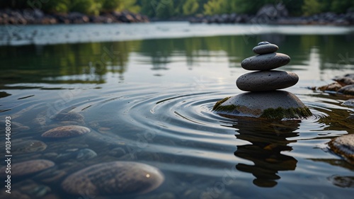 stacked Zen stones On the surface of the water is still and smooth. In nature, streams, rivers, calm, calm, relaxed.