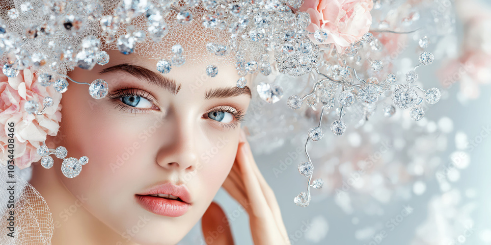 Elegant beauty portrait with floral and crystal headpiece Elegant beauty portrait with floral and crystal headpiece