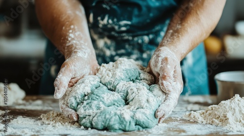 An evocative depiction of hands dusted with flour holding a ball of greenish dough, representing the artisanal and tactile artistry involved in the process of baking.