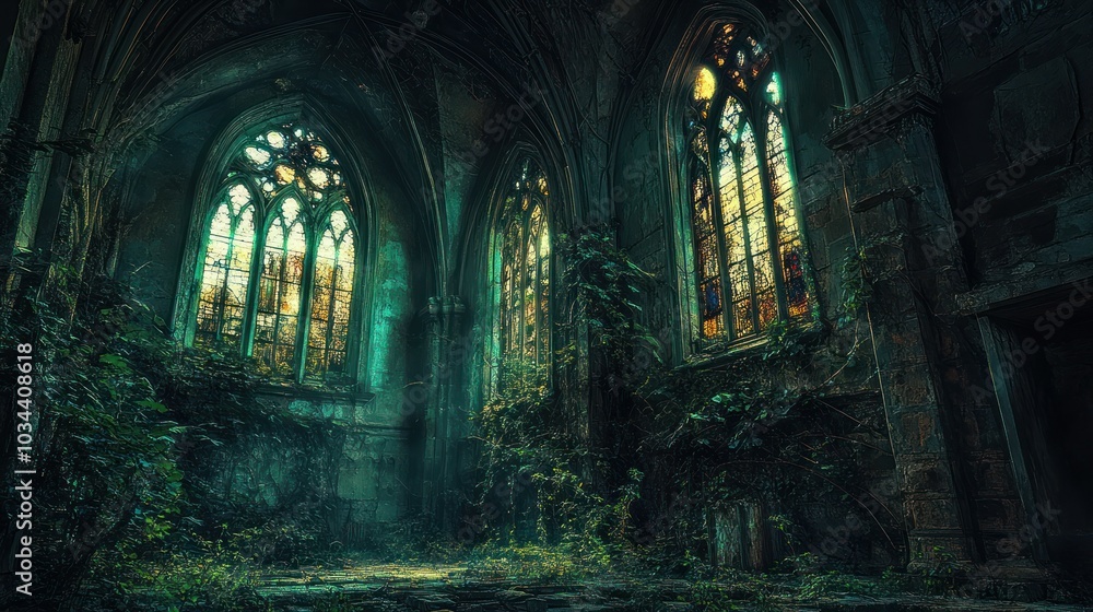 Fototapeta premium Overgrown Church Interior with Stained Glass Windows