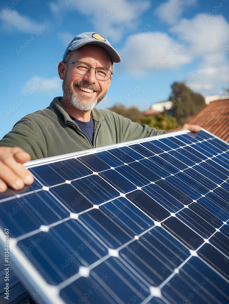Freundlicher Mann hält Solarpanel, lächelt in die Kamera. Casual gekleidet, im Freien. Sonnenlicht spiegelt sich auf Panel. Symbolisiert grüne Energie, Nachhaltigkeit und Optimismus Freundlicher Mann hält Solarpanel, lächelt in die Kamera. Casual gekleidet, im Freien. Sonnenlicht spiegelt sich auf Panel. Symbolisiert grüne Energie, Nachhaltigkeit und Optimismus