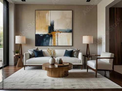 Modern living room interior featuring cozy, plush black and white sofas a wooden side table with decorative items, and minimalist decor. The space is enhanced by a large  painting and a soft rug