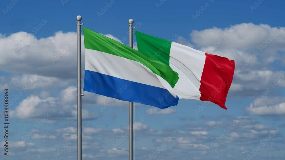 Italy and Sierra Leone flags flying together, video concept of the relationship, two country cooperation concept Italy and Sierra Leone flags flying together, video concept of the relationship, two country cooperation concept