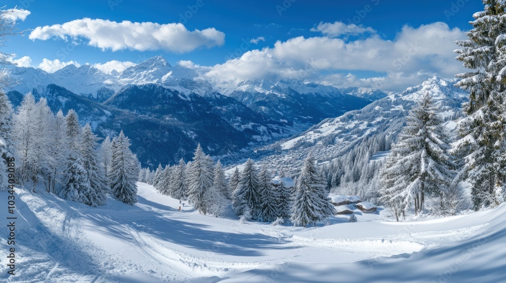 Snowy Mountain Landscape with Pine Trees and a Village in the Distance Snowy Mountain Landscape with Pine Trees and a Village in the Distance