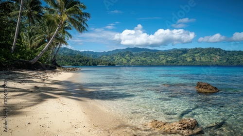 Sandy Beach, Palm Trees, and Clear Water with Green Hills in the Background