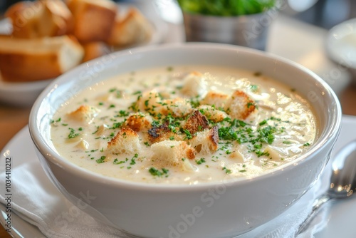 Creamy Soup with Toasted Croutons and Parsley Garnish