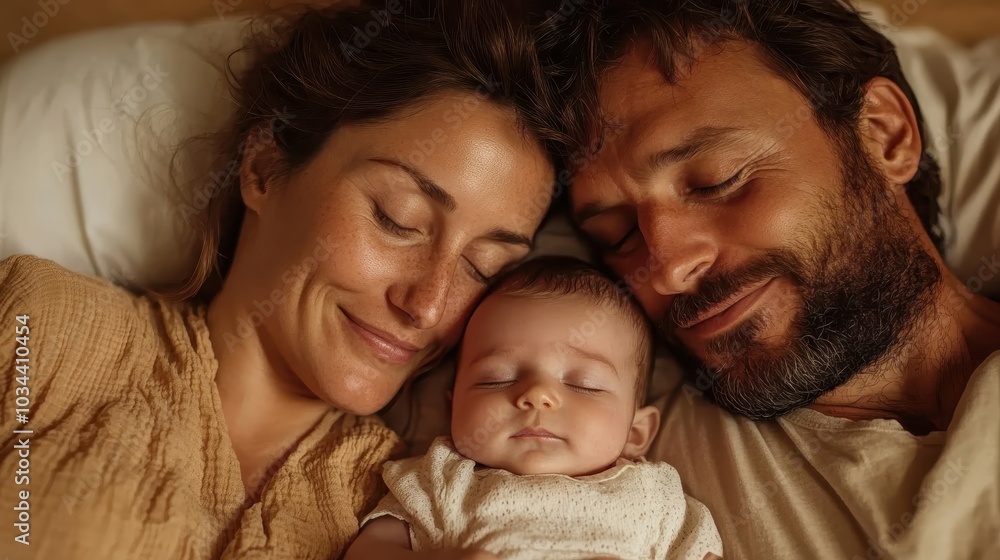 A peacefully sleeping baby is nestled between a relaxed couple, captured in a cozy moment of familial love and tranquility as they lie on a soft bed together. A peacefully sleeping baby is nestled between a relaxed couple, captured in a cozy moment of familial love and tranquility as they lie on a soft bed together.