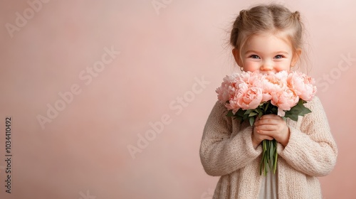 Wallpaper Mural A little girl with pigtails holds a bouquet of vivid pink flowers, beaming with joy. This heartwarming image showcases the simplicity and happiness found in nature. Torontodigital.ca