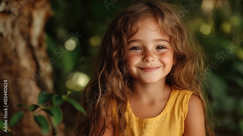 A cheerful young girl with long, wavy hair and freckles, dressed in a yellow top, smiles broadly against a backdrop of lush, verdant foliage.