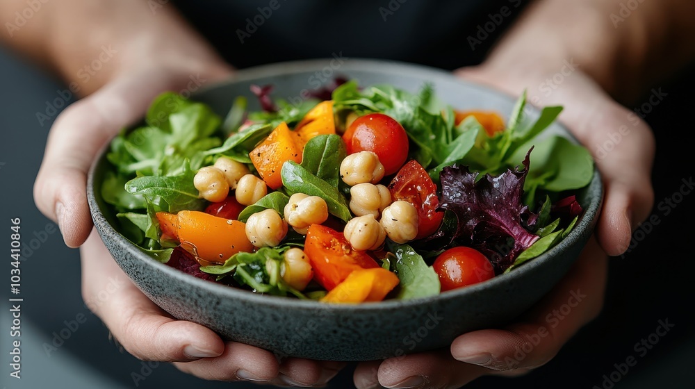 A vivid salad with chickpeas, greens, cherry tomatoes, and orange peppers, held in hands. This image emphasizes freshness and human connection with food. A vivid salad with chickpeas, greens, cherry tomatoes, and orange peppers, held in hands. This image emphasizes freshness and human connection with food.