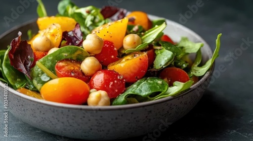 A fresh and healthy mixed salad featuring tomatoes, chickpeas, and leafy greens served in a bowl, showcasing a vibrant, nutritious and delicious meal option.