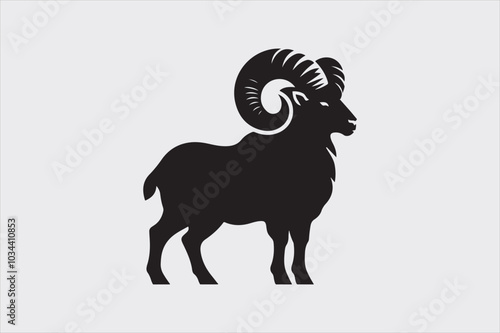 A ram curved horns and a strong body.