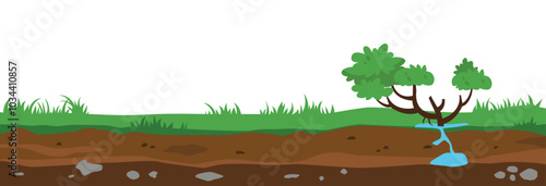 cross-sectional cut of green grass and field land with fresh trees, smooth underground surface texture, underground layer of earth.