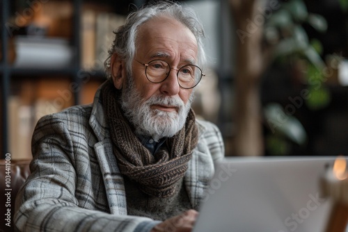 An elderly man with a beard and glasses is focused on his laptop in a cozy library. He is dressed warmly in a scarf and a checked blazer, surrounded by books and greenery