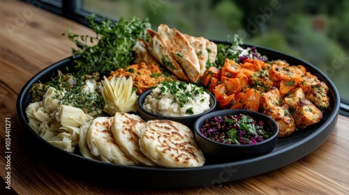 An enticing platter filled with an array of dips, naan bread, roasted vegetables, fresh greens, and artfully arranged elements coming together for a delightful feast.