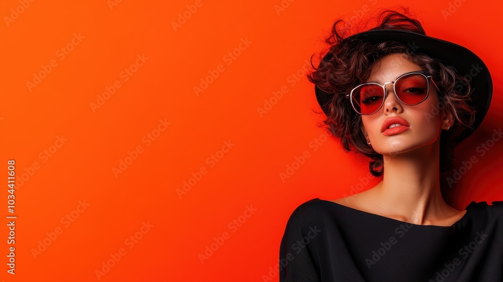 An elegant model in a black outfit, wearing a stylish hat and red sunglasses, poses against an orange background, showcasing a high-fashion look of sophistication. An elegant model in a black outfit, wearing a stylish hat and red sunglasses, poses against an orange background, showcasing a high-fashion look of sophistication.