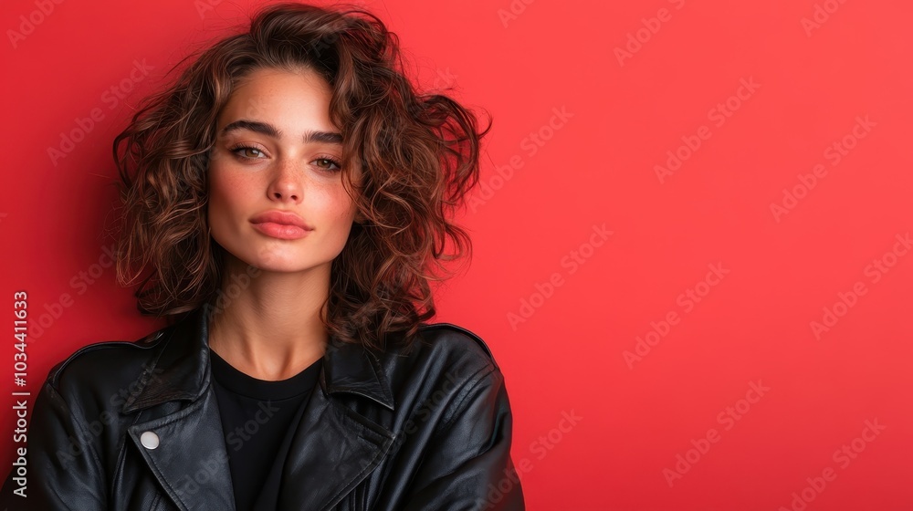 A striking portrait of a woman with curly hair and a confident expression, dressed in a leather jacket against a bold red background, symbolizing empowerment. A striking portrait of a woman with curly hair and a confident expression, dressed in a leather jacket against a bold red background, symbolizing empowerment.