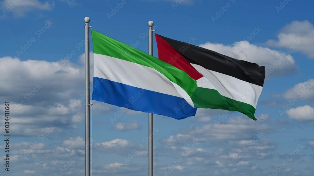Palestine and Gaza Strip and Sierra Leone two flags waving together on blue , video concept of the relationship Palestine and Gaza Strip and Sierra Leone two flags waving together on blue , video concept of the relationship