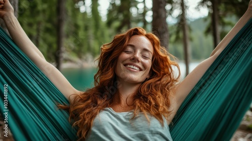 A red-haired woman, joyfully smiling with closed eyes, sits in a green hammock by the lake, enjoying the natural serenity and connection with the environment. photo