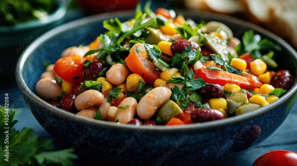 A delightful mixed bean salad featuring kidney beans, corn, and green parsley combines texture and flavor, offering a nutritious meal option for health-conscious individuals. A delightful mixed bean salad featuring kidney beans, corn, and green parsley combines texture and flavor, offering a nutritious meal option for health-conscious individuals.