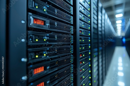 Server Racks in a Data Center with Lights and Indicators