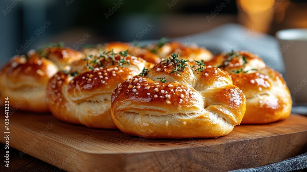 A perfect selection of shiny, golden-brown rolls garnished with fresh herbs, presented on a wooden board in an inviting, warmly lit indoor setting. A perfect selection of shiny, golden-brown rolls garnished with fresh herbs, presented on a wooden board in an inviting, warmly lit indoor setting.